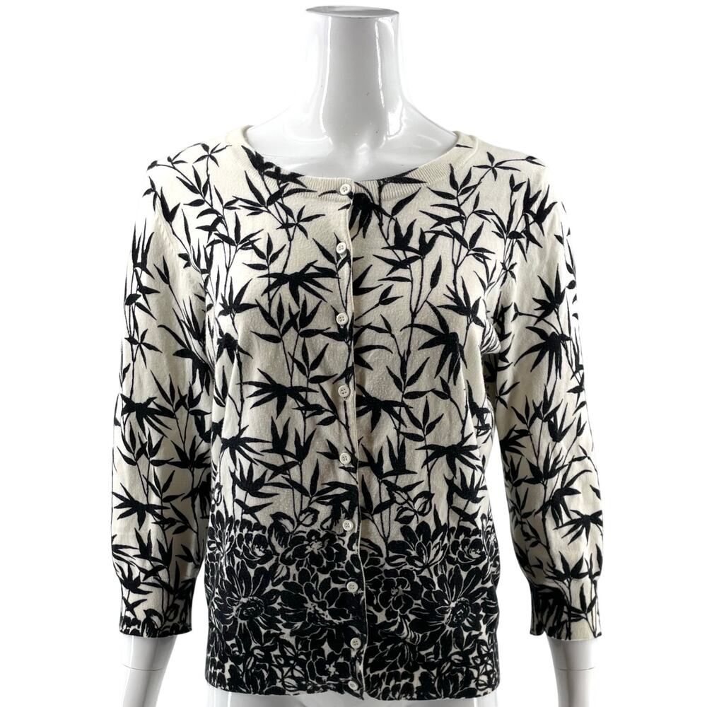 Talbots Womens Cardigan Sweater Size Large Black White Floral Pima Cotton